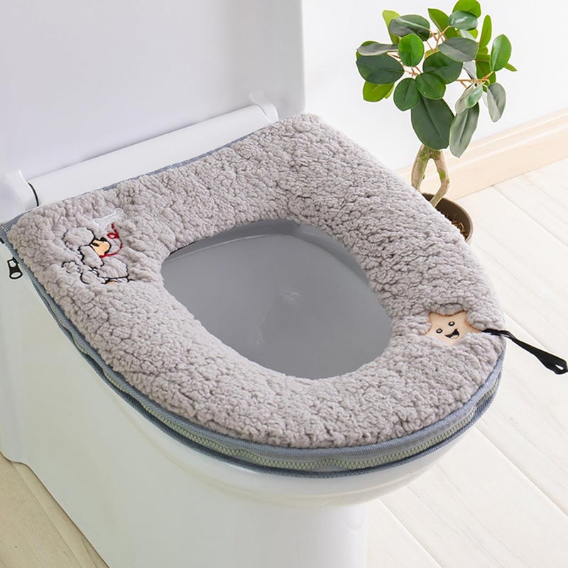 HICYOO Toilet Seat Warmer Cover & Toilet Lid Cover Grey Toilet Seat Covers for Bathroom with Zipper Handle Plush Thicker Washable - Image 2